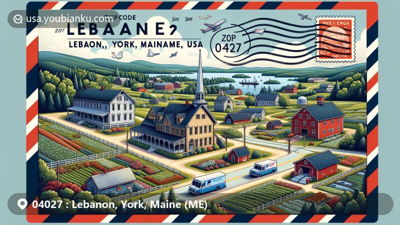 Modern illustration of Lebanon, York, Maine showcasing postal theme with ZIP code 04027, featuring New England-style buildings, forests, farmlands, USS Albacore Submarine Museum, Strawbery Banke Museum, and postal elements.