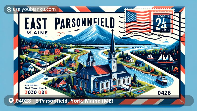 Modern illustration of East Parsonfield, York County, Maine, featuring postal theme with ZIP code 04028, showcasing natural beauty and cultural landmarks including South River, Wiggin Mountain, Parsonsfield Union Church, and Maine state symbols.