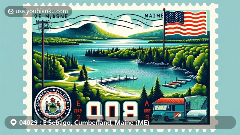 Vintage illustration of E Sebago, Cumberland County, Maine, featuring Sebago Lake's natural beauty with lush greenery and clear blue water, showcasing Maine state symbols, styled as a postage stamp with ZIP code 04029 and postal elements.