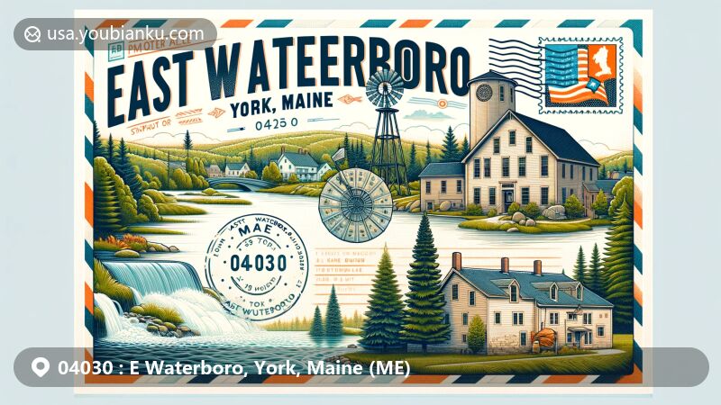 Modern illustration of East Waterboro, York County, Maine, highlighting natural beauty and historical mill connection, featuring Maine state symbols and postal elements with ZIP code 04030.