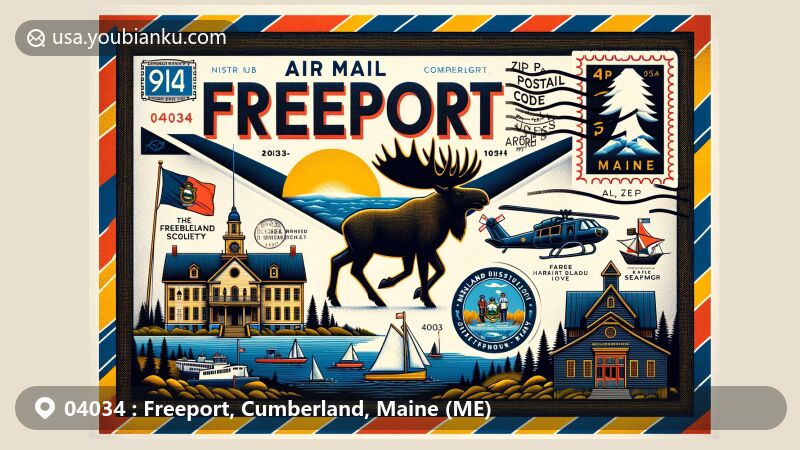 Modern illustration showcasing Freeport, Cumberland County, Maine, featuring state flag with moose, pine tree, farmer, and seaman, Freeport Historical Society building, and Cumberland County's geographical features, all within a creative air mail envelope design.