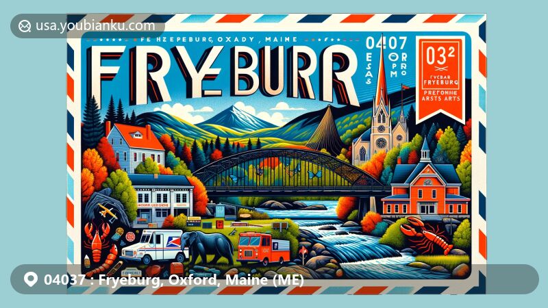 Modern illustration of Fryeburg, Oxford, Maine, featuring postal theme with ZIP code 04037, showcasing Hemlock Bridge, White Mountains, Jockey Cap Rock, Fryeburg Academy Performing Arts Center, iconic Maine elements, and Bradley Park.
