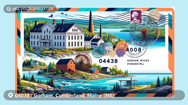 Modern illustration of Gorham, Maine, ZIP code 04038, highlighting Gorham Academy, Presumpscot River Trail, and Oriental Powder Mill, designed in wide-format postcard style with postal elements.