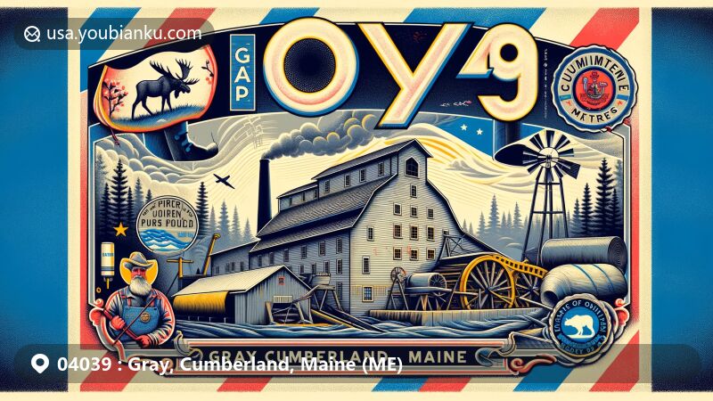 Modern illustration of Gray, Cumberland County, Maine (ME) with ZIP code 04039, featuring vintage airmail envelope showcasing the first woolen mill in America, blending Maine state flag emblem of a resting moose under tall pine tree with farmer and sailor, and Cumberland County cultural heritage elements, integrating local landmarks or unique cultural features created by humans. Decorated with classic American postage stamp and postmark, highlighting postal theme.