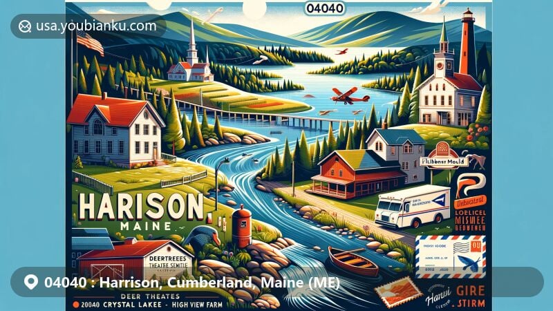 Modern illustration of Harrison, Maine, in Cumberland County, showcasing natural landscapes including Long Lake, Crystal Lake, and the Crooked River, along with cultural landmarks like Deertrees Theatre, Scribner’s Mill, High View Farm, and Fluvial Brewing, incorporating postal theme with '04040' and 'Harrison, Maine'.