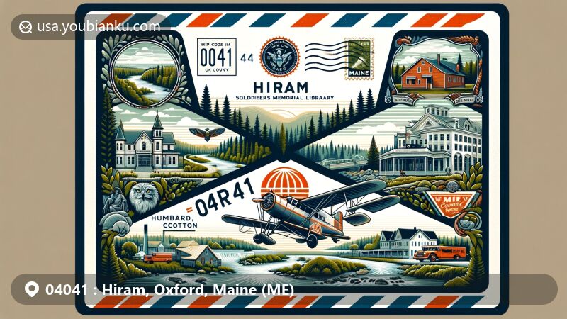 Modern illustration of Hiram, Oxford County, Maine, with airmail envelope background showcasing iconic images like Soldiers Memorial Library, Saco River, Hubbard-Cotton Store, and Apple Acres Farm.