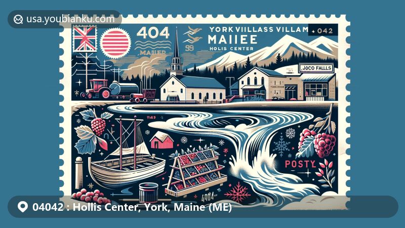 Modern illustration of Hollis Center, York, Maine (ME), featuring Saco River, Joan & Brad's Berry Farm, Salmon Falls Village Library, Maine state flag, and winter elements, with postal theme highlighting ZIP code 04042.
