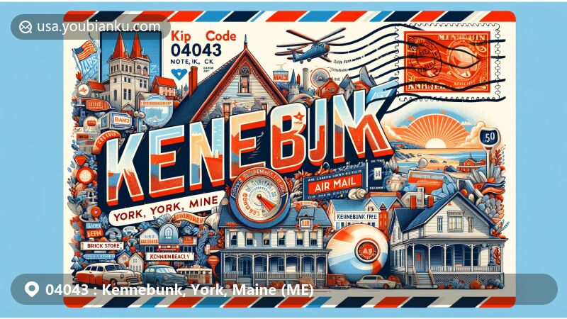 Modern illustration of Kennebunk, York County, Maine, showcasing postal theme with ZIP code 04043, featuring iconic landmarks like Maine Art Hill, The Brick Store Museum, Kennebunk Free Library, Kennebunk Beach, and the Wedding Cake House.