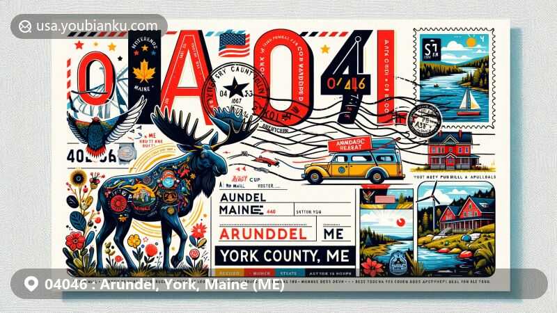 Modern illustration of Arundel, York County, Maine, showcasing ZIP code 04046, featuring state flag and local landmarks, styled as an air mail envelope with a stamp of Maine's state animal, the Moose.