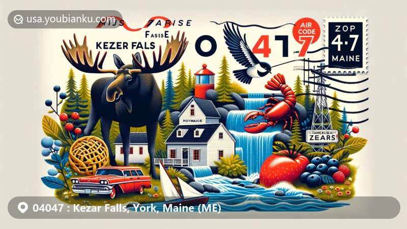 Modern illustration of Kezar Falls, Maine, showcasing postal theme with ZIP code 04047, featuring rural tranquility and vibrant community life, including Maine state symbols like moose, black-capped chickadee, lobster, blueberry pie, and Eastern white pine.