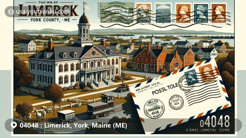 Modern illustration of Limerick, York County, Maine, showcasing ZIP code 04048, featuring Limerick Upper Village Historic District with Greek Revival, Italianate, and Federal architectural styles. Landmarks like Limerick Academy and Limerick Brick Town House are visible, set against pastoral farming landscapes. Postal elements include an airmail envelope and postcard with '04048' postmark, representing Limerick's history and Holland blanket production.