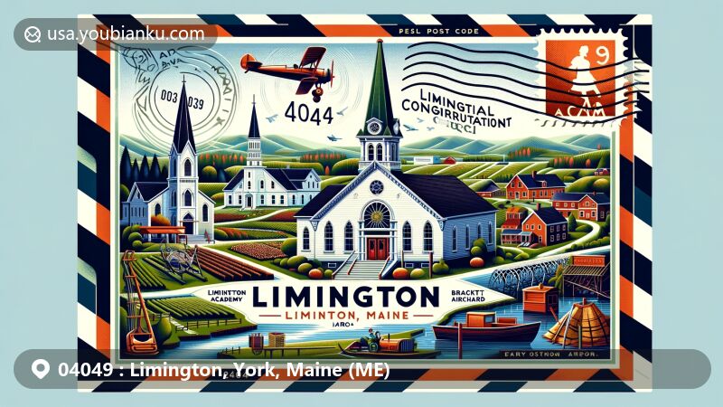 Modern illustration of Limington, Maine, showcasing key landmarks such as Limington Academy, First Congregational Church, Saco River, Limington-Harmon Airport, and Brackett Orchard, along with postal elements like stamps and postmarks.