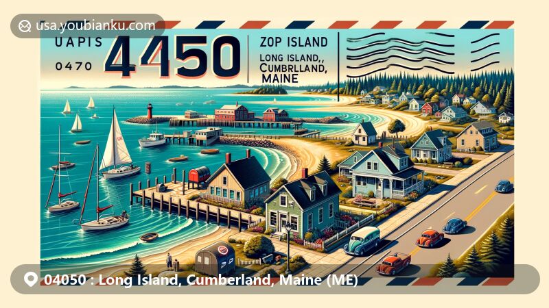 Contemporary illustration of Long Island, Cumberland County, Maine, portraying tranquil seaside town with historic port, vintage post office, and typical coastal houses, emphasizing postal theme with ZIP code 04050.