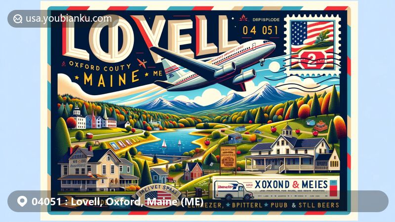 现代插图，展示美国缅因州牛津县洛维尔（Lovell）邮编04051的邮政主题，包括大型复古风格航空邮件信封或明信片，醒目展示‘04051’邮编和‘Lovell, Oxford, ME’字样。