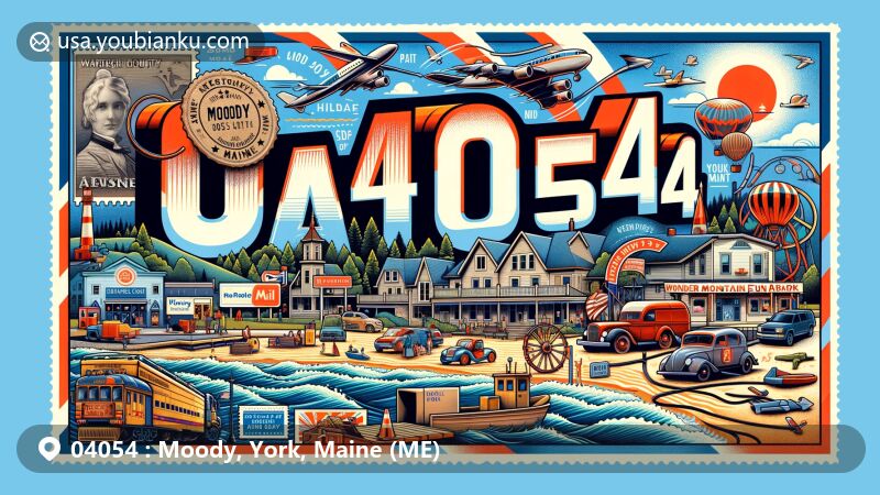 Modern illustration of Moody, York County, Maine (ME), highlighting postal theme with ZIP code 04054, featuring scenic Moody Beach, Wonder Mountain Fun Park, and Ogunquit Trading Post. Artistic representation of coastal charm and recreational activities.