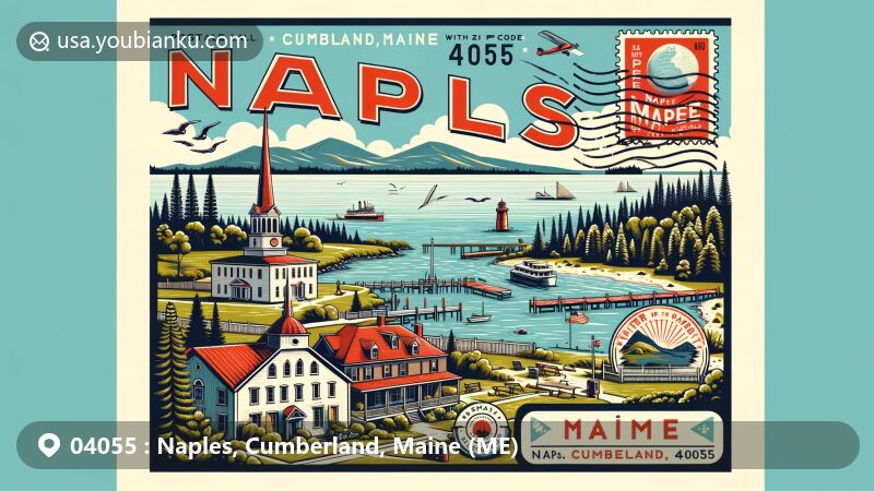 Modern illustration of Naples, Cumberland, Maine, showcasing postal theme with ZIP code 04055, featuring Sebago Lake, Songo Lock, Naples Manor House, and Bay of Naples Inn.