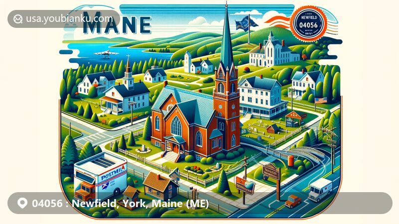 Modern illustration of Newfield, York County, Maine, highlighting postal theme with ZIP code 04056, featuring Willowbrook Museum Village, Maine state symbols, and vintage postal motifs.