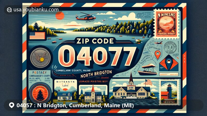 Modern illustration of North Bridgton, Cumberland County, Maine, featuring postal theme with ZIP code 04057, showcasing Long Lake and Bridgton Academy.