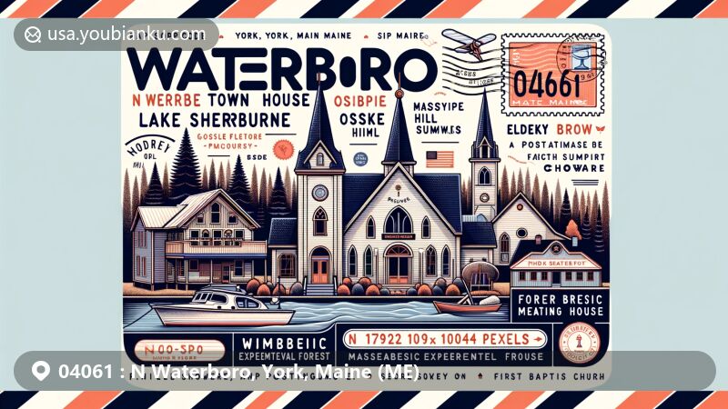 Modern illustration of N Waterboro, York, Maine, showcasing postal theme with ZIP code 04061, featuring Waterboro Town House, Ossipee Hill Summit, Lake Sherburne, Massabesic Experimental Forest, Funky Bow Brewery, Elder Grey Meetinghouse, and First Baptist Church.