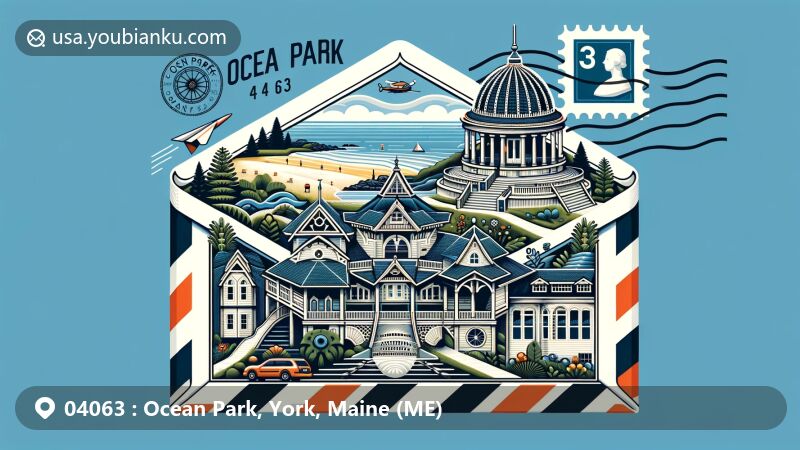 Modern illustration of Ocean Park, York County, Maine, showcasing postal theme with ZIP code 04063, featuring The Temple and Ocean Park Beach.