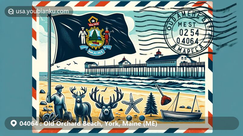 Modern illustration of Old Orchard Beach, Maine, featuring postal postcard with state flag showcasing sailor, farmer, deer, pine tree, starfish, anchor, stamp, postmark, and ZIP Code 04064.