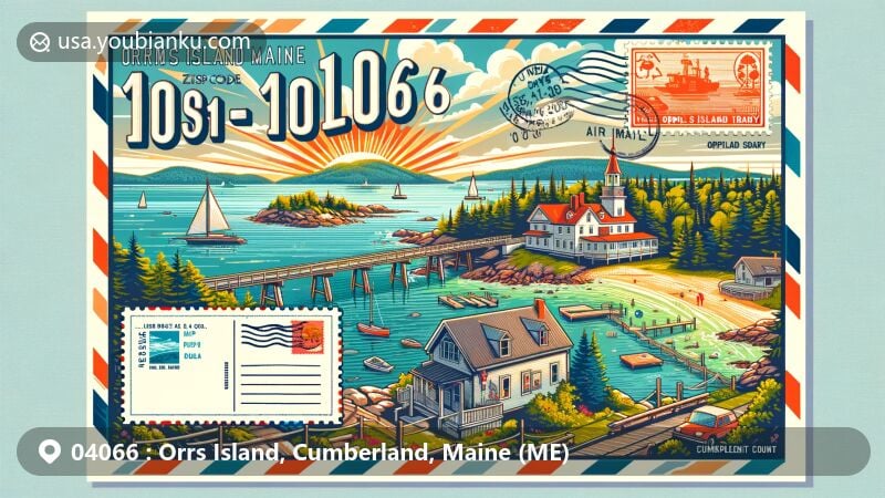Modern illustration of Orrs Island, Maine, showcasing natural beauty and key attractions like Devil’s Back Trail, Orr's Island Library, and Cribstone Bridge, featuring postal theme with ZIP code 04066.