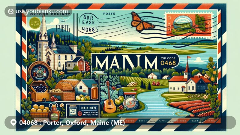Modern illustration of Porter, Oxford County, Maine, showcasing airmail-themed postcard with local farm produce, maple syrup, and floral arrangements, symbolizing town's agricultural richness.