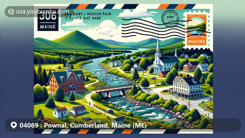 Modern illustration of Pownal, Maine, showcasing rural beauty and natural features in a postal postcard format. Featuring scenic views of Bradbury Mountain State Park and Chandler River, historic Hearse House and First Parish Church, a quaint post office in Pownal town center, and highlighting ZIP Code 04069.