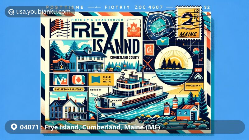 Modern illustration of Frye Island, Cumberland County, Maine, capturing the essence of a seasonal resort town with Sebago Lake and public car ferry, featuring a postcard layout and Maine state flag stamp.
