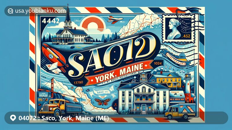 Modern illustration of Saco, York County, Maine, featuring Saco Museum, Ferry Beach State Park, and postal elements with ZIP code 04072, set against a stylized map background.