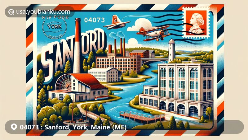 Creative postal-themed webpage design for ZIP code 04073 in Sanford, York, Maine, featuring Mousam River, Sanford Mills Historic District, Gowen Memorial Park, Goodall Park, Sanford Springvale Art Gallery, Central Park, stamp, postmark, and cultural landmarks.