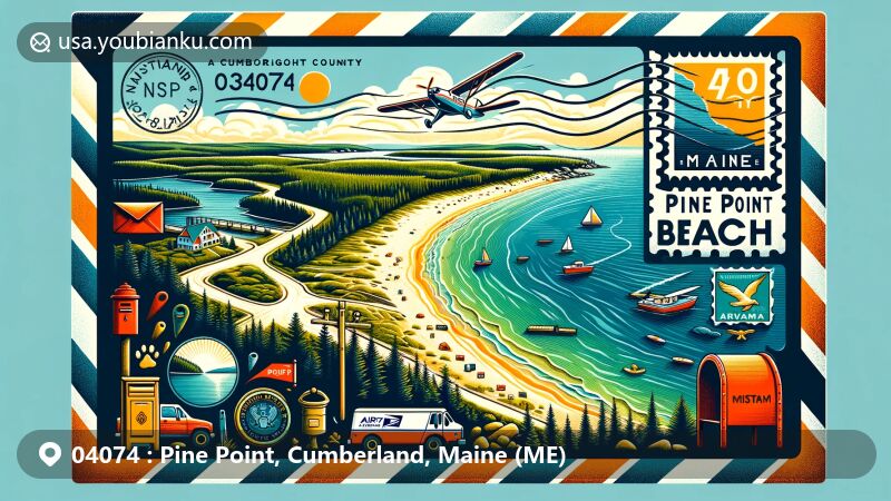 Modern illustration of Pine Point Beach, Maine, showcasing natural beauty and postal theme with ZIP code 04074, featuring sandy shores, lush forests, lakes, stamps, postmarks, mailboxes, and mail vans.