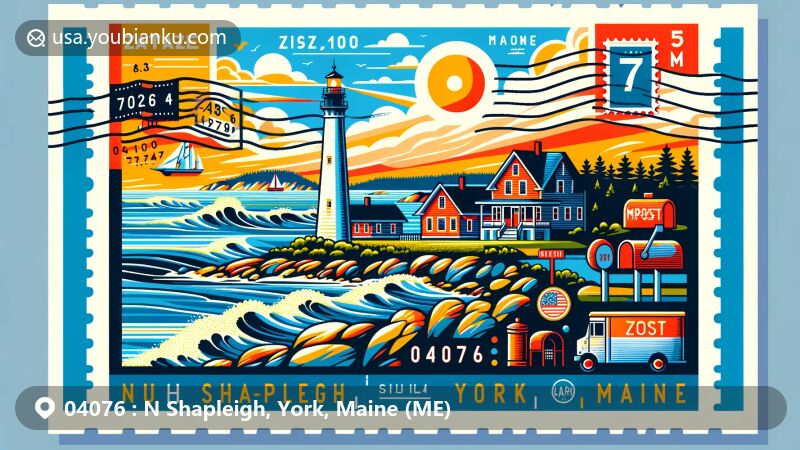 Modern illustration of N Shapleigh, York, Maine, showcasing postal theme with ZIP code 04076, featuring Maine's coastline, lighthouse, postal elements, and vibrant colors.