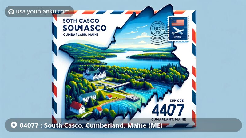 Colorful illustration of ZIP Code 04077, featuring Sebago Lake and postal theme with Maine state flag, airmail envelope, stamp, postal mark, and red mailbox, set against stylized Cumberland County outline.