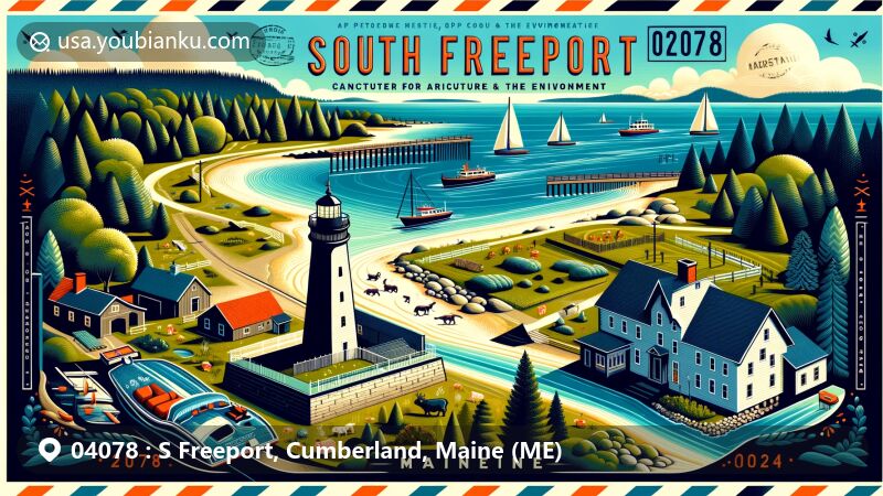 Postcard-style illustration of South Freeport, Cumberland County, Maine, depicting Casco Bay with sailing boats, Casco Castle's stone tower, Wolfe's Neck Center for Agriculture & the Environment, and the Desert of Maine, resembling a vintage airmail envelope featuring ZIP code 04078.