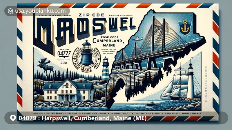 Modern illustration of Harpswell, Cumberland County, Maine, showcasing postal theme with ZIP code 04079, featuring Cribstone Bridge, Halfway Rock Lighthouse, and Orr's Island Meeting House.