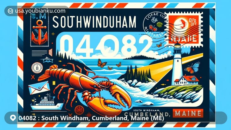 Modern illustration of South Windham, Cumberland County, Maine, resembling an airmail envelope showcasing picturesque coastline with lighthouse, lobster motif, and postal elements including stamp and ZIP code 04082.