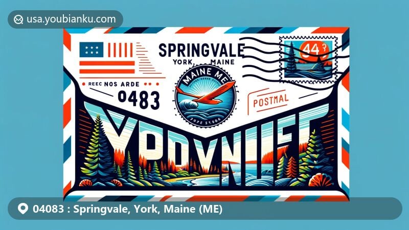 Modern illustration of Springvale, Maine, showcased on an airmail envelope with ZIP code 04083, featuring iconic pine trees and coastal scenery.