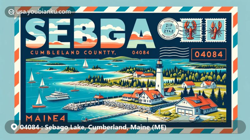 Modern illustration of Sebago Lake, Cumberland County, Maine, showcasing natural beauty and postal theme with ZIP code 04084, featuring Sebago Lake State Park, lobsters, lighthouses, stamps, postmarks, mailboxes, and mail trucks.