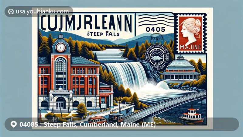 Modern illustration of Steep Falls, Cumberland, Maine, featuring scenic Steep Falls elements like the historic library and the picturesque Saco River, with postal theme showcasing ZIP code 04085.