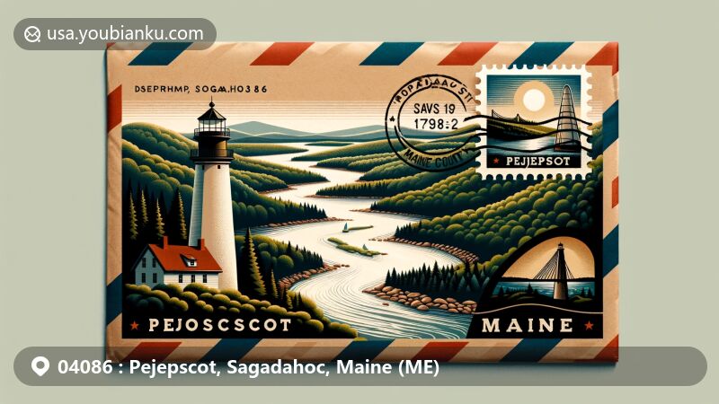 Modern illustration of Pejepscot, Sagadahoc, Maine, showcasing postal theme with ZIP code 04086, featuring Androscoggin River and Doubling Point Lighthouse.