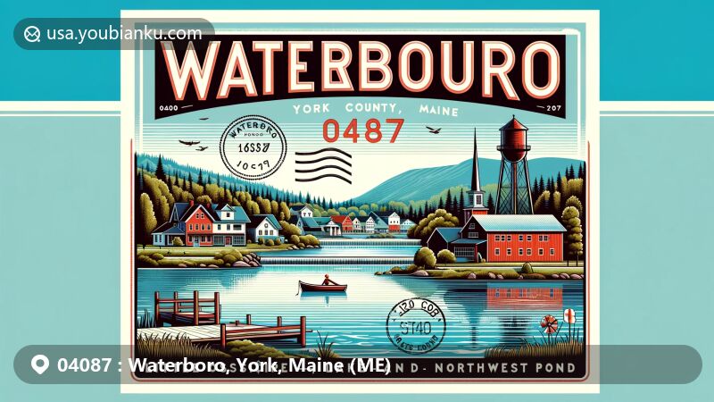 Modern illustration of Waterboro, York County, Maine, showcasing scenic views of Little Ossipee Lake and Northwest Pond, reflecting the town's natural beauty and historical industries.