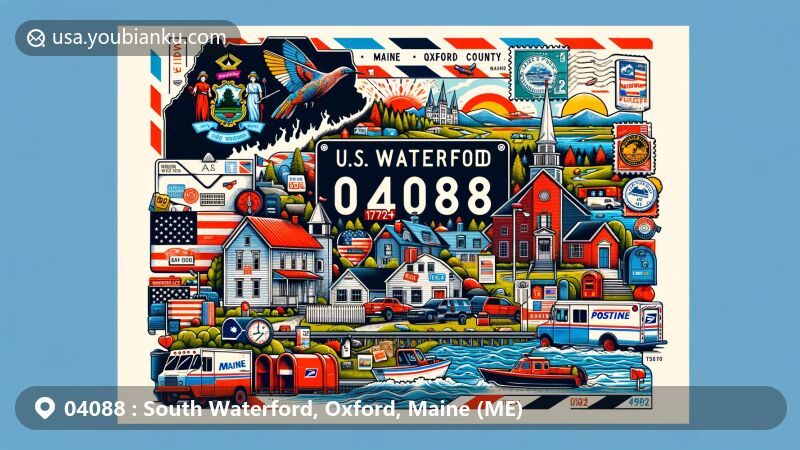 Modern illustration of South Waterford, Oxford County, Maine, capturing postal theme with ZIP code 04088, featuring state flag and local landmarks, including a unique postcard or airmail envelope adorned with stamps and postmarks.