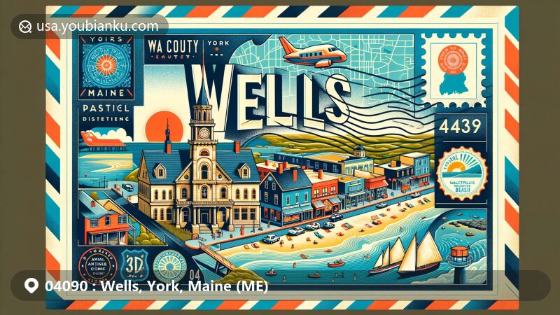 Modern illustration of Wells, York County, Maine, featuring postal theme with ZIP code 04090, highlighting historic meetinghouse, bustling antique district, and beautiful Wells Beach.