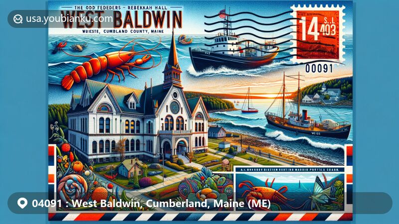 Modern illustration of West Baldwin, Cumberland County, Maine, with postal theme centered around Odd Fellows-Rebekah Hall, showcasing Maine's coastal and countryside beauty, local flora, fauna, lobster boat, United Methodist Church, and postal elements.