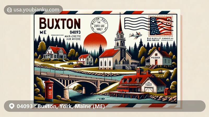 Modern illustration of Buxton, York County, Maine, featuring historic landmarks like Tory Hill Meeting House, Bar Mills Memorial Bridge, Buxton Community Forest, and Buxton Powder House, with postal theme showcasing Maine flag stamp and 'Buxton, ME 04093' postmark.