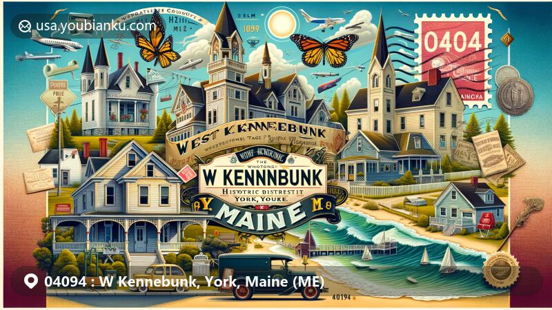 Modern illustration of W Kennebunk, York, Maine, depicting postal theme with ZIP code 04094, featuring West Kennebunk Village Historic District, Wedding Cake House, Eastern white pine, pink-edged sulphur butterfly, sandy beaches, Maine state flag.