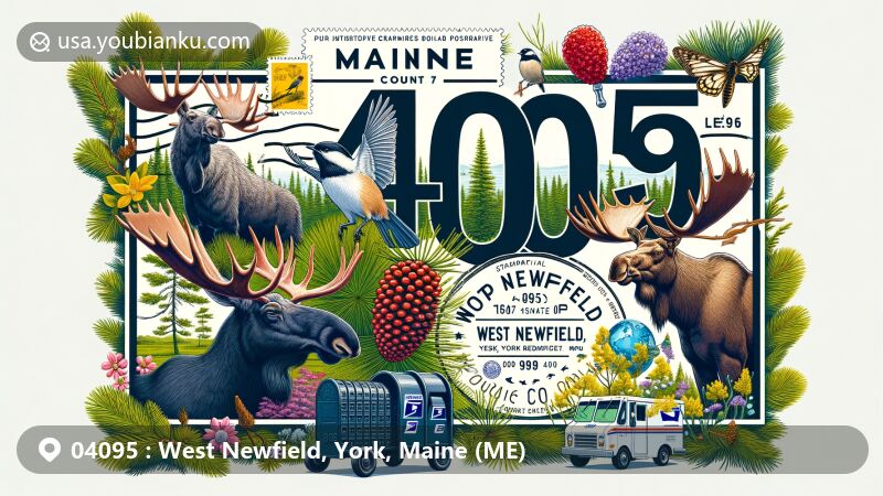 Modern illustration of West Newfield, York County, Maine, depicting postal theme with ZIP code 04095, showcasing state symbols including White Pine, Moose, Black-capped Chickadee, and Tourmaline.
