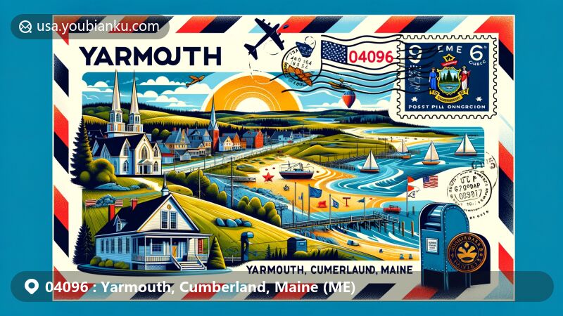 Vibrant illustration of Yarmouth, Cumberland, Maine, representing ZIP code 04096 in air mail envelope style, featuring Royal River Park, Sandy Point Beach, First Parish Congregational Church, Maine state flag, and classic American mailbox design.