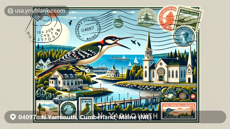 Modern illustration of N Yarmouth, Maine, showcasing postal theme with iconic landmarks and natural beauty, featuring Old Town House, First Congregational Church, Mèmak Preserve, and Wabanaki cultural symbols.